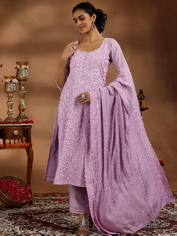 Women's Jumpsuits with Lapel CollarMauve Embroidered Silk Blend Straight Suit With Dupatta