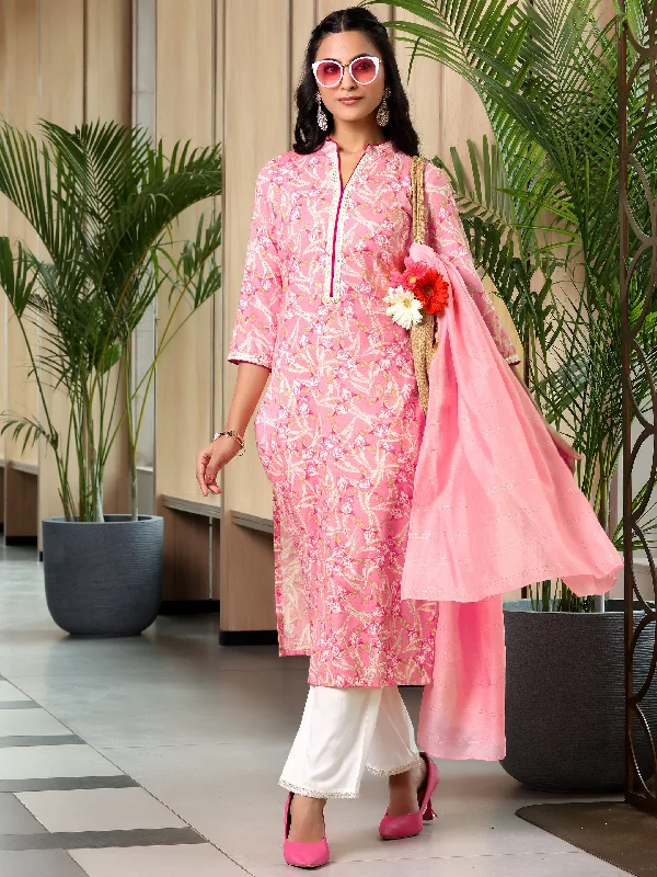 Women's Jumpsuits with PocketsPink Printed Cotton Blend Straight Suit With Dupatta