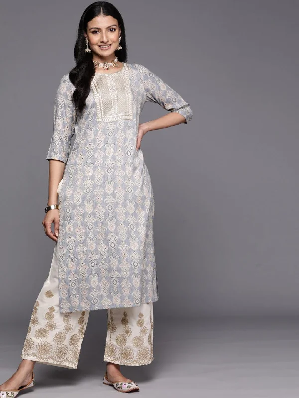 Women's Jumpsuits with DrawstringGrey Printed Rayon Straight Kurta