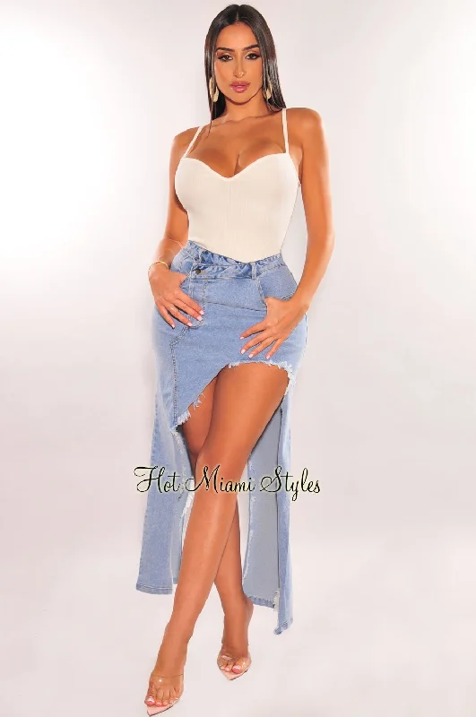 Women's Relaxed Fit SkirtsLight Denim High Waist Destroyed Slit Skirt