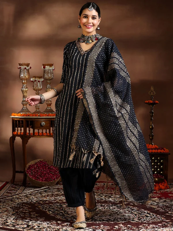 Women's Jumpsuits with Lapel CollarBlack Woven Design Cotton Blend Straight Suit With Dupatta