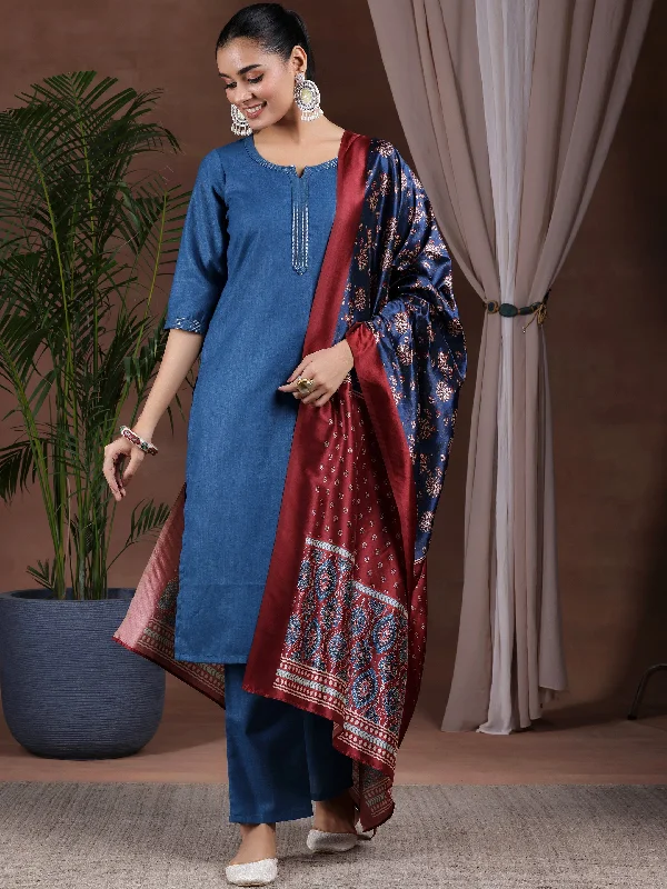 Women's Jumpsuits with Wide CollarTeal Solid Cotton Blend Straight Suit With Dupatta