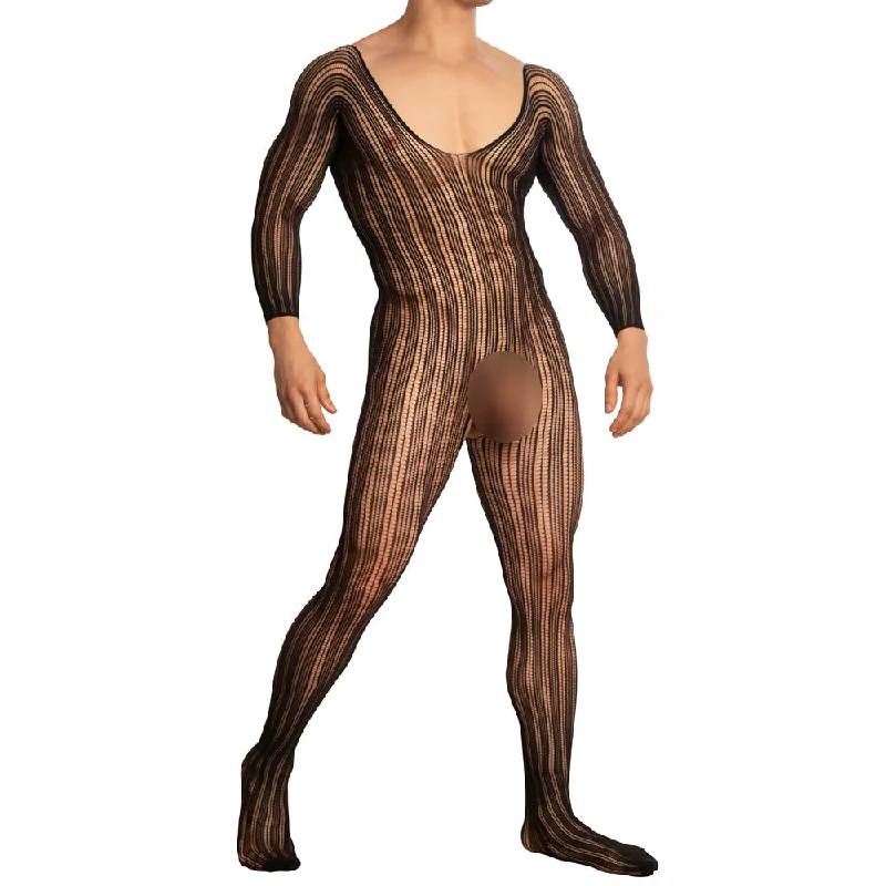 plus-size thigh slimmer with high compressionJCSTK - Unisex OY-MP162 Stretch Pinstripe Fishnet Bodystocking with Sleeves Black