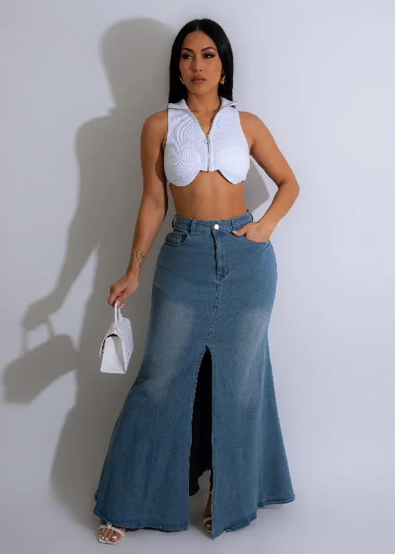 Women's Notched Collar DressesShe's On Trend Denim Maxi Skirt