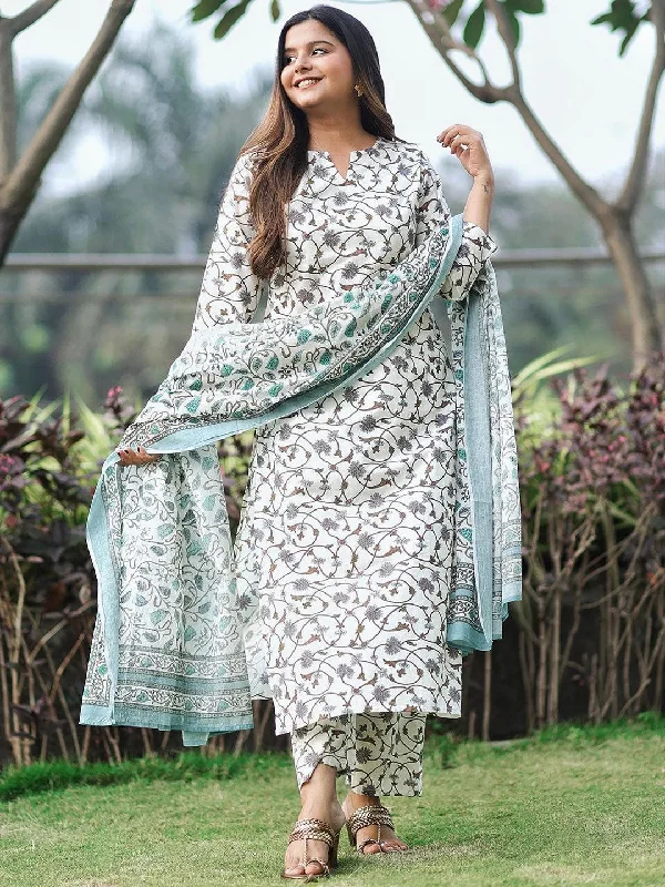 Women's Jumpsuits with Notched CollarOff-White Printed Cotton Straight Kurta With Palazzos & Dupatta