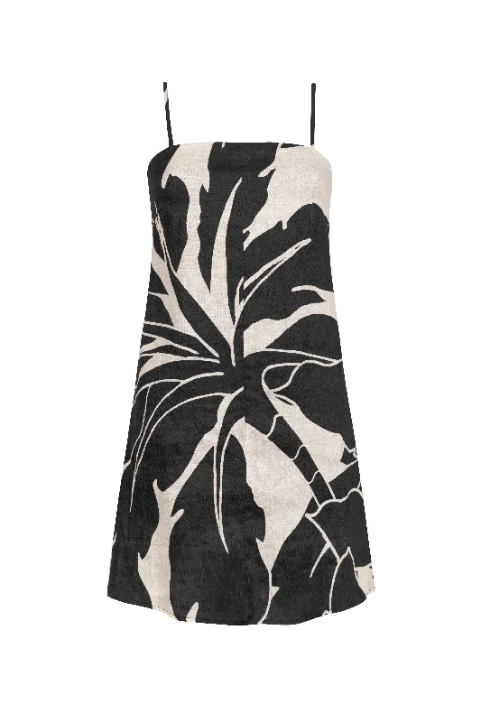 Women's Boat-Back Dresses'KU' Linen Mini Dress - Black Print