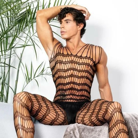 seamless shapewear for fitted gownsJCSTK - Unisex OY-MP155 Bodystocking Sheer Open Net with Strappy Shoulders Black