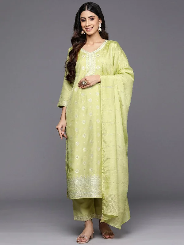 Women's Jumpsuits with ZipperGreen Self Design Silk Blend Straight Kurta With Trousers & Dupatta