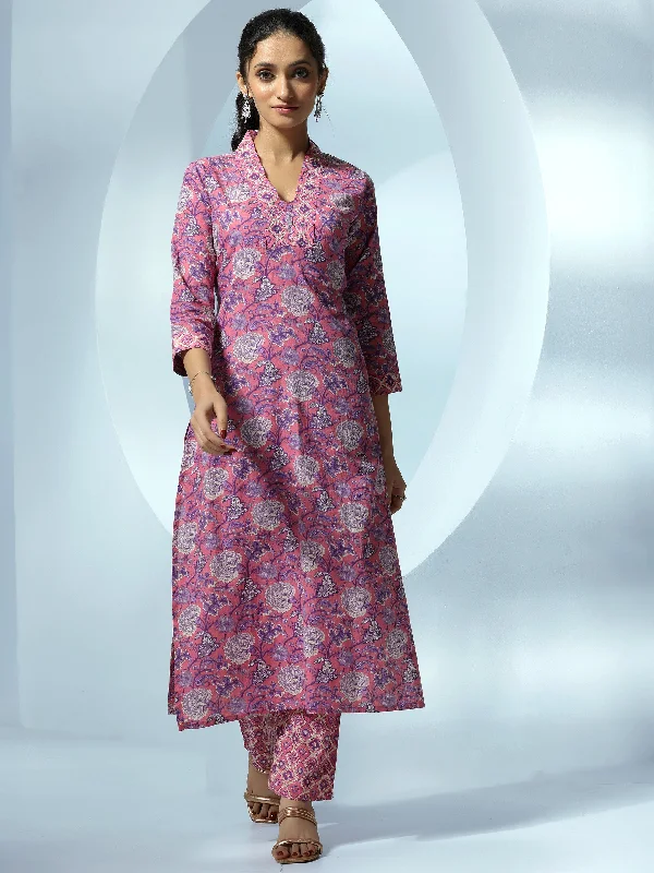 Women's Jumpsuits with Notched CollarPink Printed Cotton Straight Kurta Set