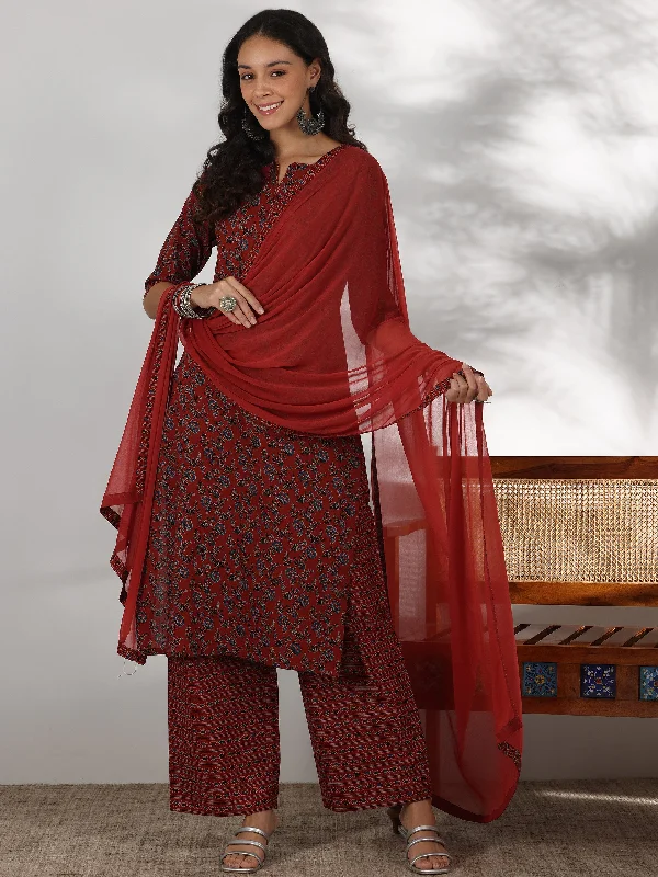 Women's Jumpsuits with Shawl CollarRust Printed Cotton Straight Suit With Dupatta