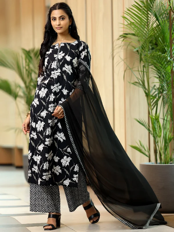 Women's Jumpsuits with Wide CollarBlack Printed Cotton Straight Suit With Dupatta