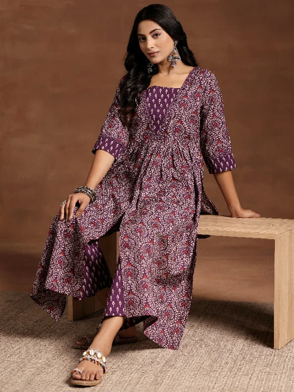 Women's Jumpsuits with Square NeckPurple Printed Cotton A-Line Kurta With Palazzos