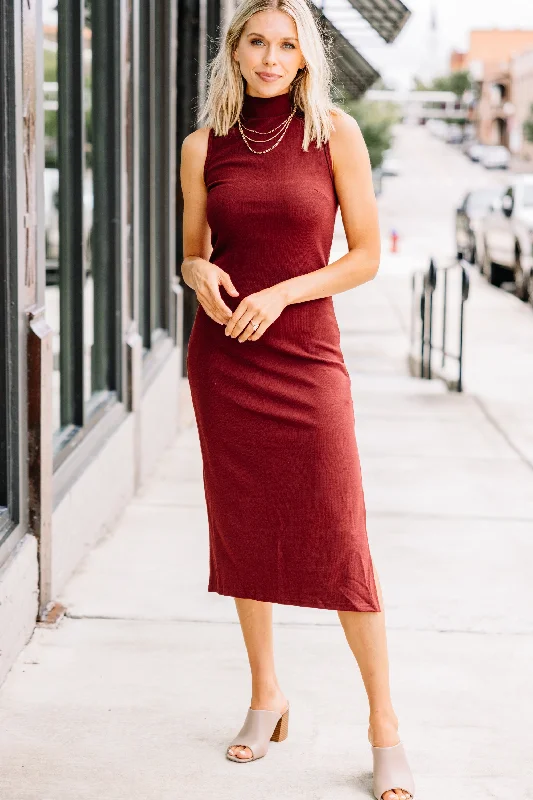 Women's High Collar DressesAbove All Else Brick Red Ribbed Midi Dress