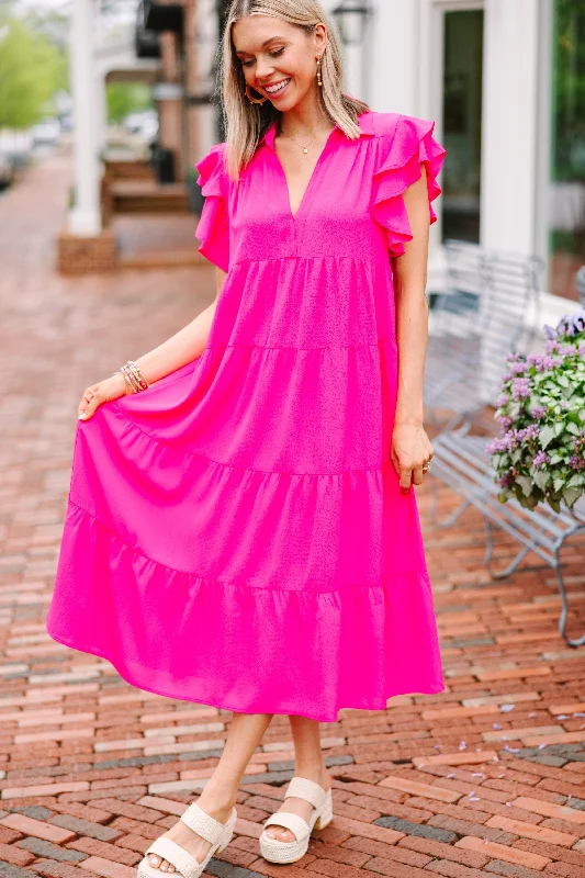 Women's Off-the-Shoulder DressesLook You Up Fuchsia Pink Ruffled Midi Dress