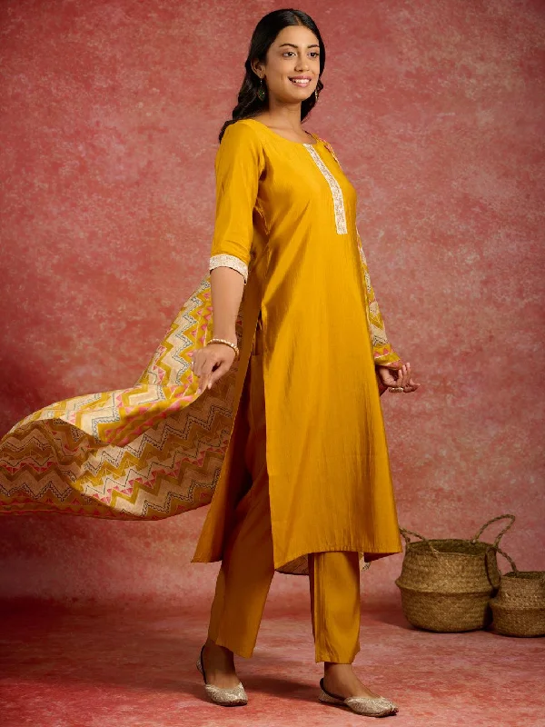 Women's Jumpsuits with Lapel CollarMustard Yoke Design Silk Blend Straight Suit With Dupatta