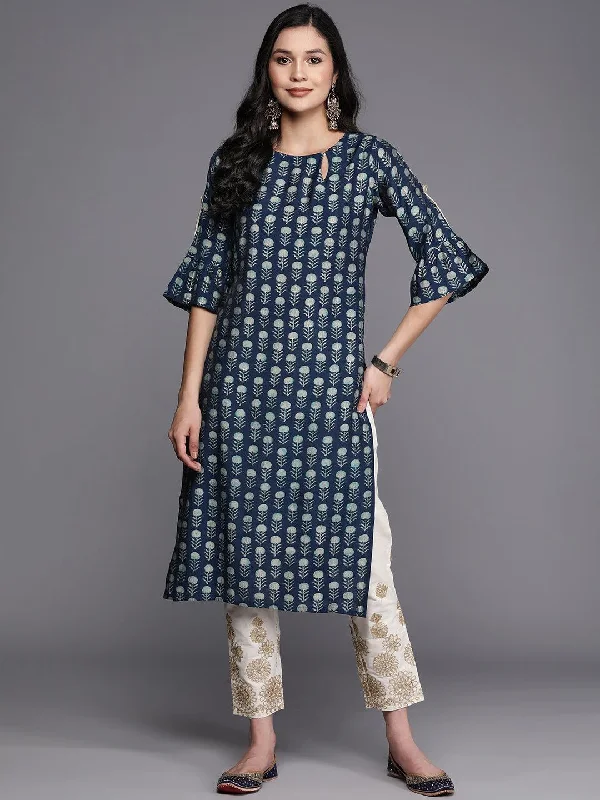 Women's Jumpsuits with Narrow CollarBlue Printed Silk Straight Kurta