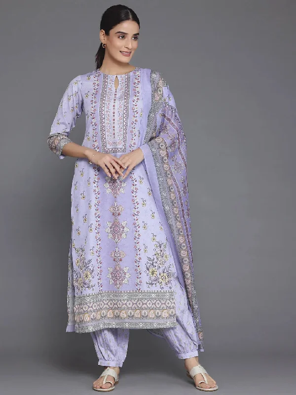 Women's Jumpsuits with Peter Pan CollarPurple Printed Poly Crepe Straight Suit With Dupatta