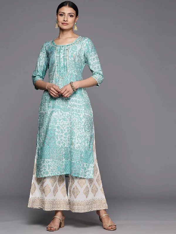 Women's Jumpsuits with Sweetheart CollarBlue Printed Silk Straight Kurta