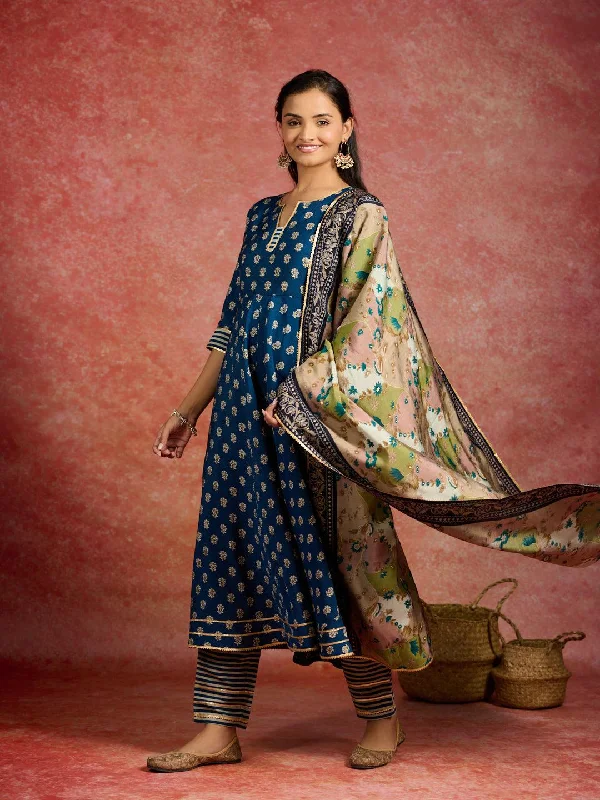 Women's Jumpsuits with Keyhole NeckBlue Printed Silk Blend Anarkali Suit With Dupatta