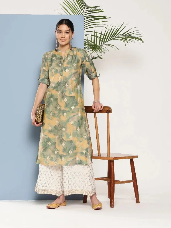 Women's Short-Sleeve JumpsuitsGreen Printed Silk Straight Kurta