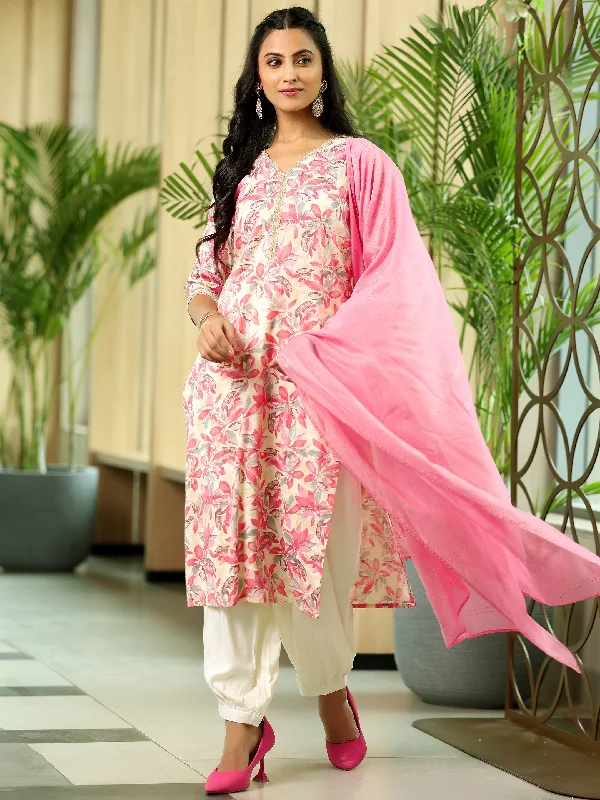 Women's One-Piece JumpsuitsPink Printed Cotton Blend Straight Suit With Dupatta