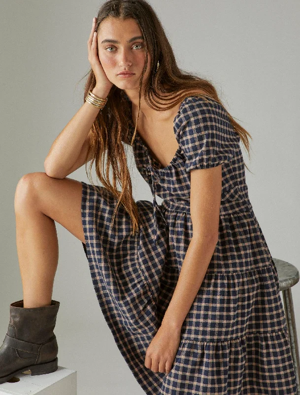 Women's Boat-Neck DressesLucky Brand Womens Short Sleeve Plaid Dress