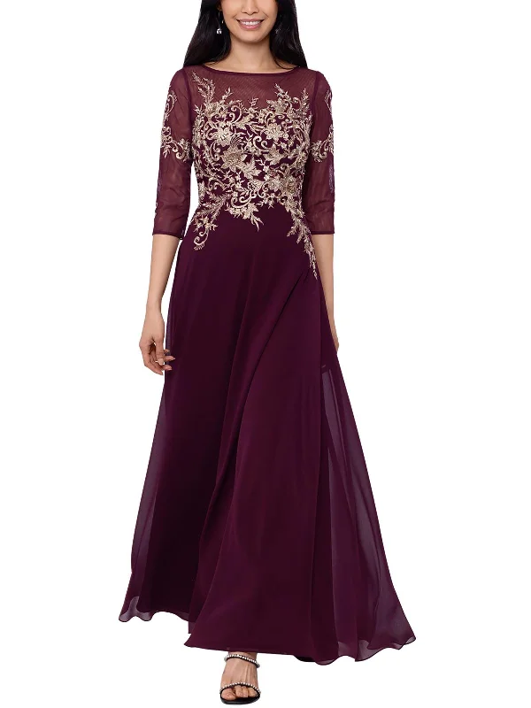 Women's High Collar DressesWomens Mesh Embroidered Evening Dress