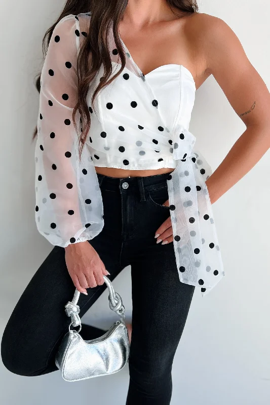 Women's Blouse with V-Shaped CollarLeft My Heart In Paris Asymmetric Polka Dot Top (Off White)