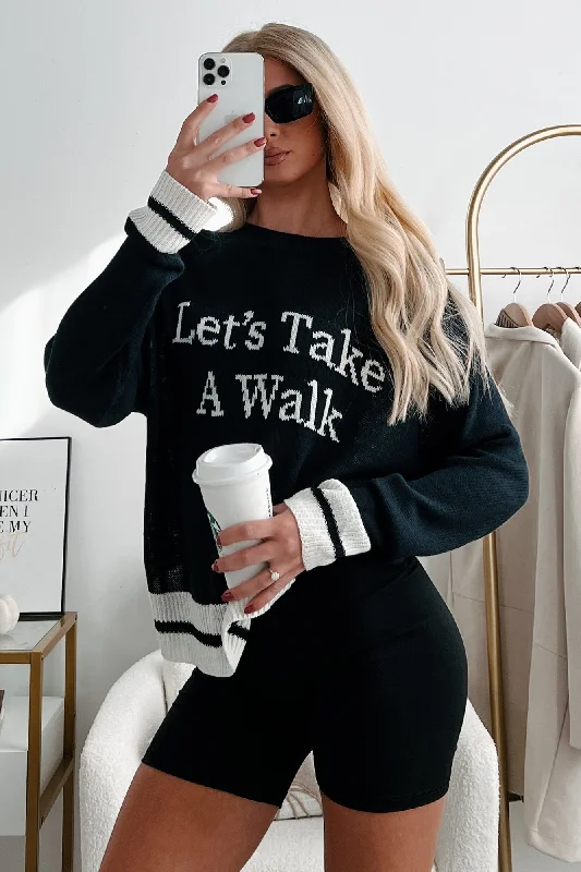 Women's Ruffled Blouse"Let's Take A Walk" Lightweight Knit Sweater (Dark Navy/White)