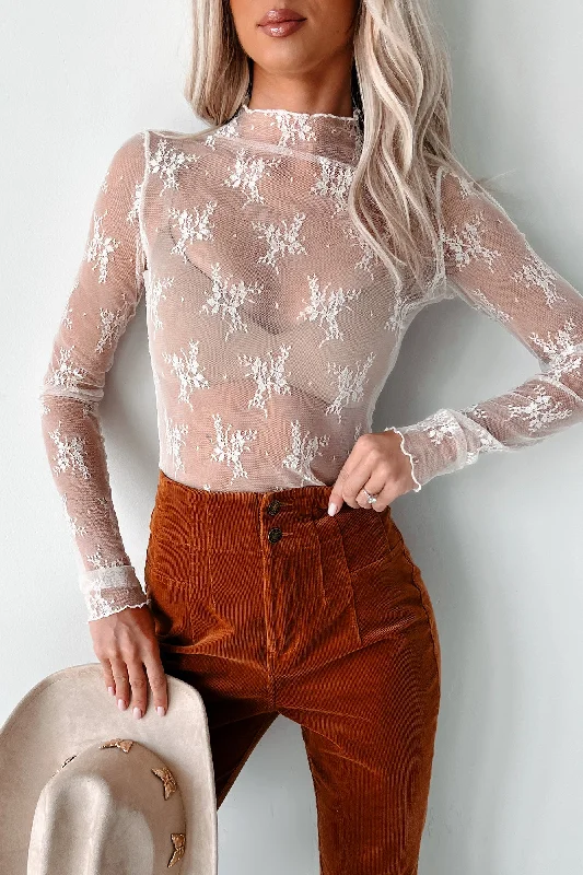 Women's Blouse with Long LengthLiving For The Likes Lace Long Sleeve Top (Ecru)