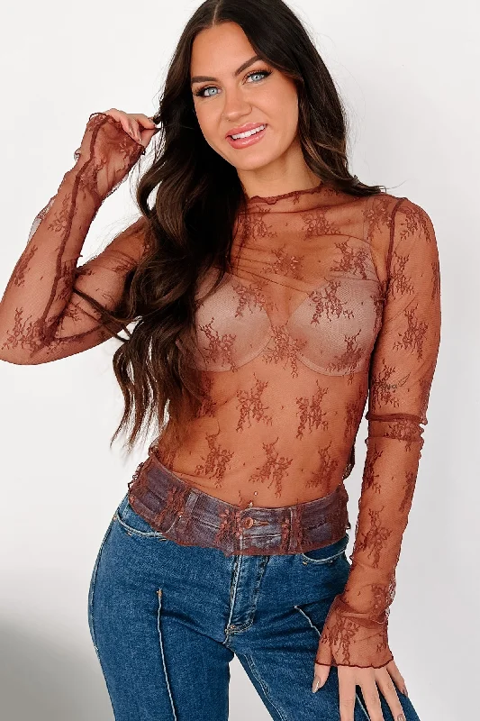 Women's Blouse with Wide CollarLiving For The Likes Lace Long Sleeve Top (Red Bean)