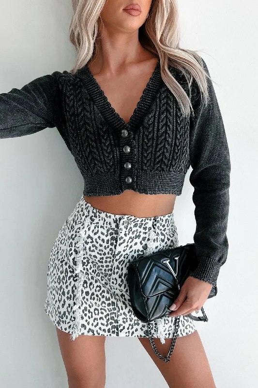 Women's Blouse with Mid-LengthNeema Mineral Wash Crop Cardigan Top (Black)