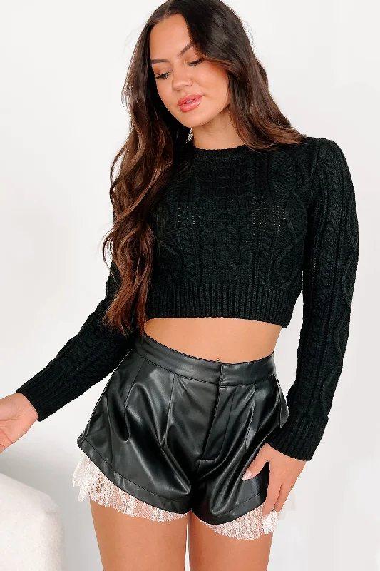 Women's Blouse with Shawl CollarPay It Forward Cable Knit Crop Sweater (Black)