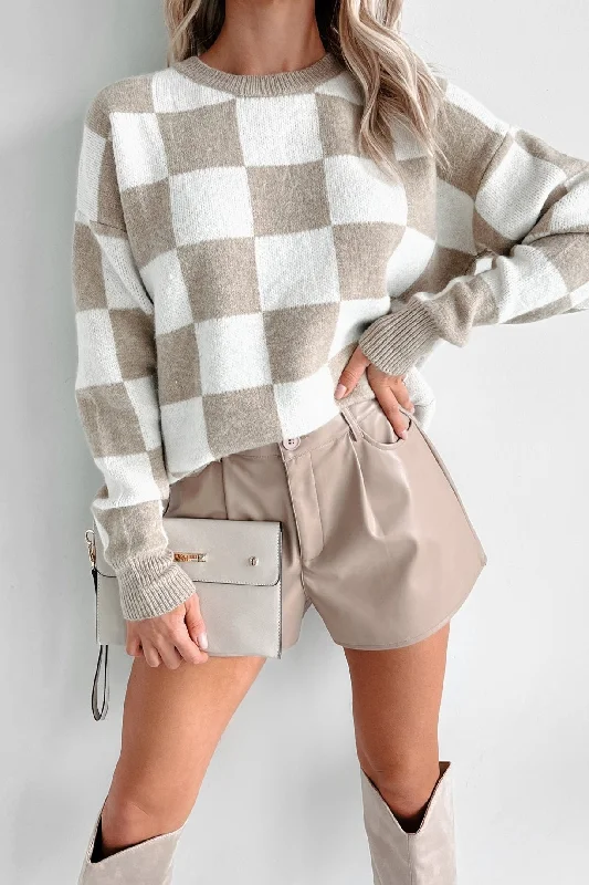 Women's Blouse with Narrow CollarStrategically Stylish Oversized Checker Sweater (Taupe)