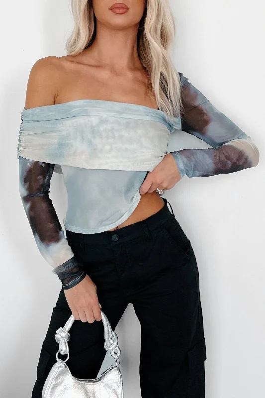 Women's Blouse with High CollarThe Beauty Of Existence Asymmetric Mesh Top (Grey/Black)