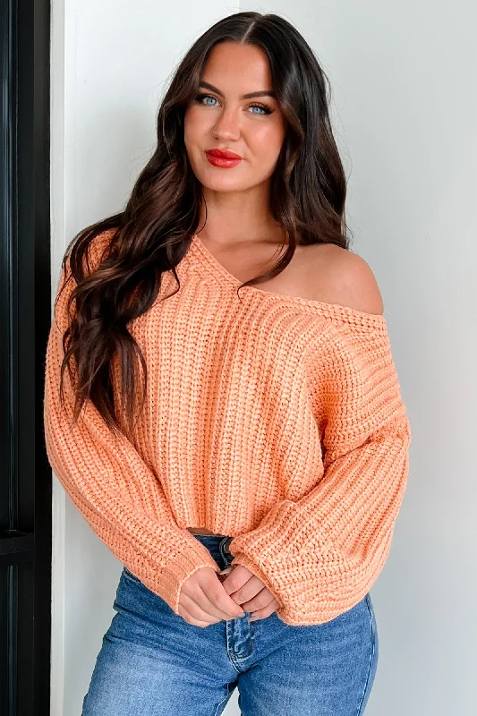 Women's Blouse with Notched CollarThe World Is Yours Chunky V-Neck Sweater (Apricot Orange)